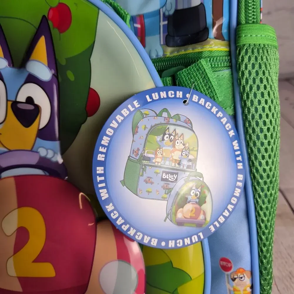 Bluey Backpack Removable Lunch Bag Green Blue Cartoon Adjustable Strap School